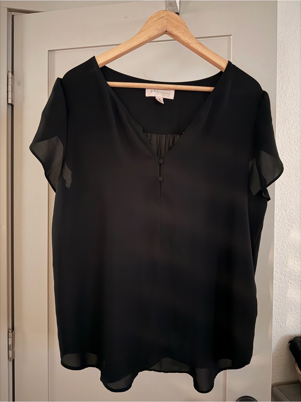 Philosophy Black Short Sleeve V-Neck Blouse with Button Placket